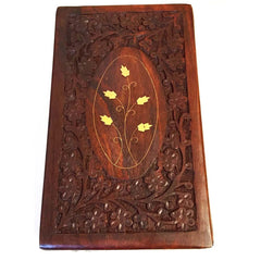 Wooden Box 6"x10"x2.6", Hand Carved Flowers & Vines Design, Brass Inlay - BCandle